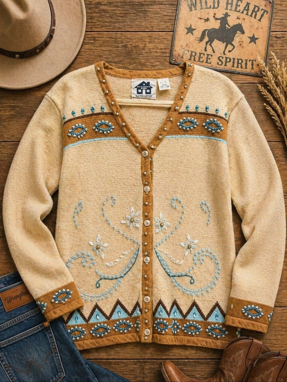 Vtg Storybook knit southwestern cowgirl turquoise beaded tan cardigan NWT Sz 3X